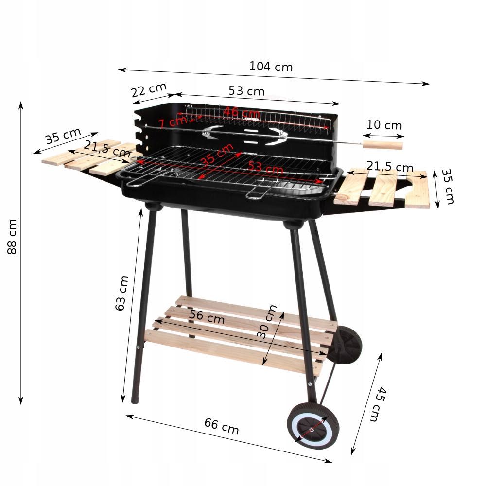 GRILL węglowy ogrodowy koła 3 półki duży rożen przenośny regulowany