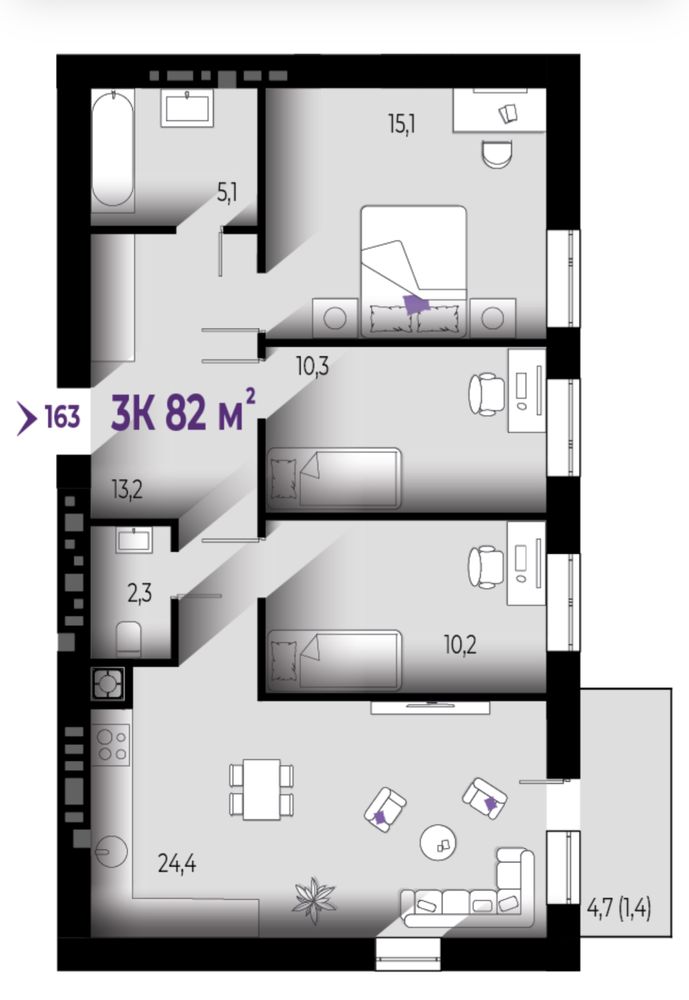 3к квартира 82м.кв. біля ТЦ Велес