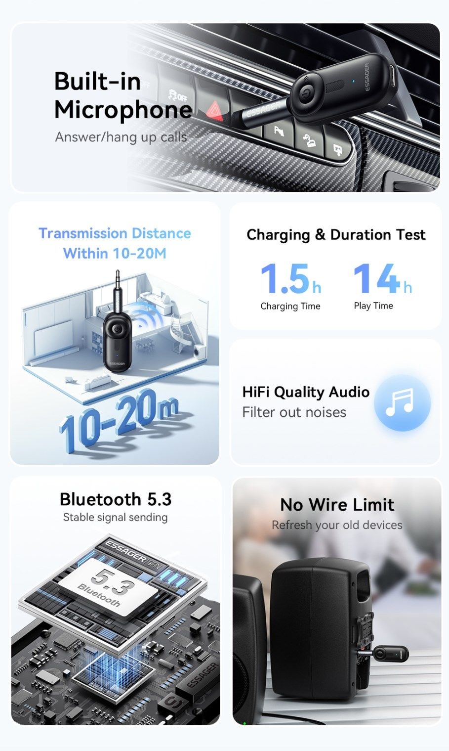 Essager Bluetooth 5,3 адаптер AUX 3,5. аудио приемник, микрофон, АКБ