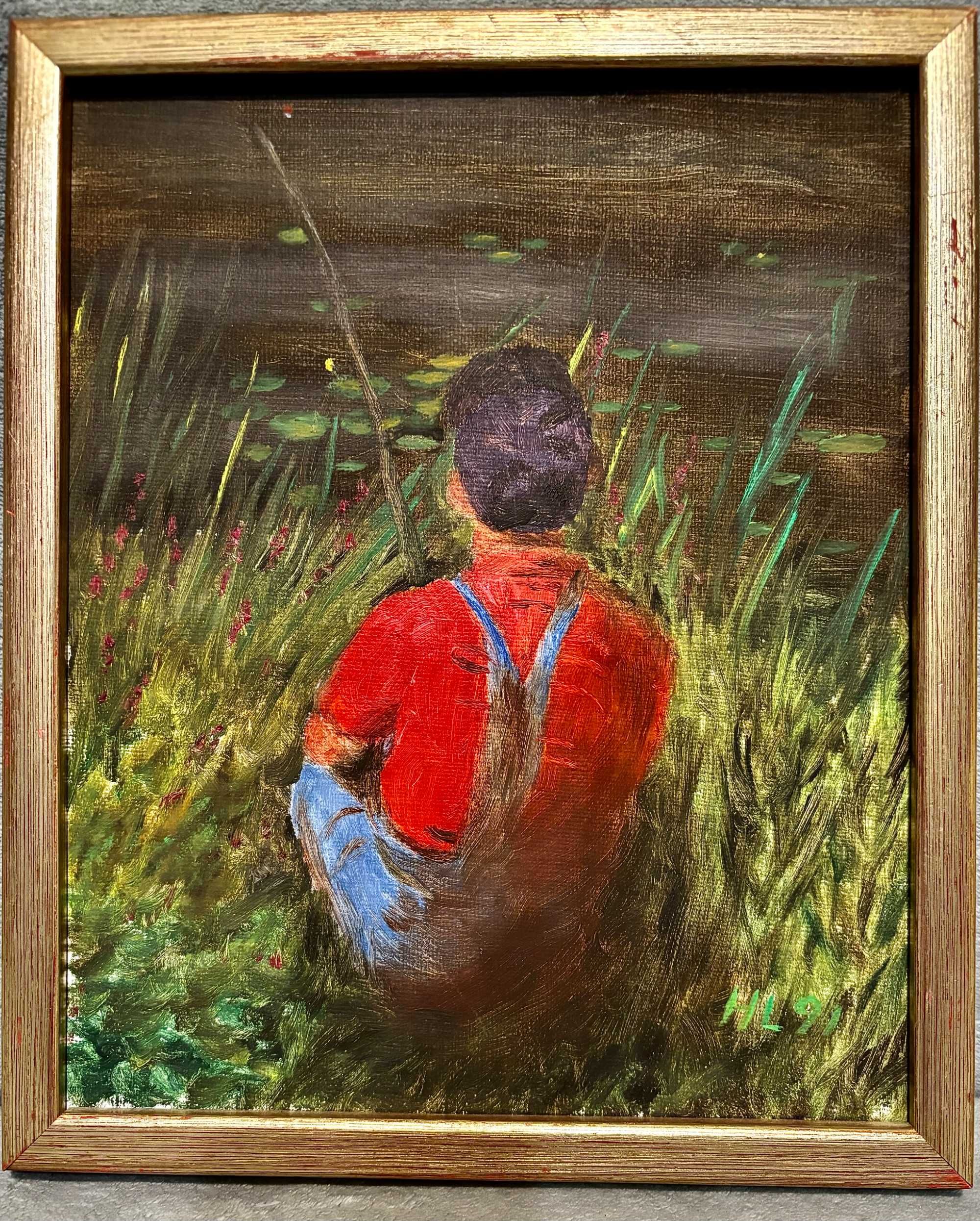 Obraz olejny: Chłopiec łowiący ryby, 1991 r., nieduży 24x30