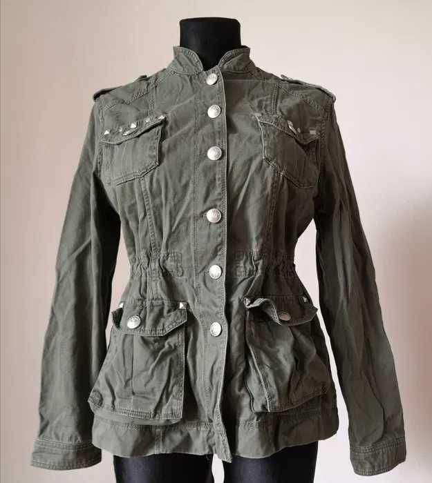 Kurtka jeansowa dżinsowa khaki zielona ćwieki dżety pagony denim co