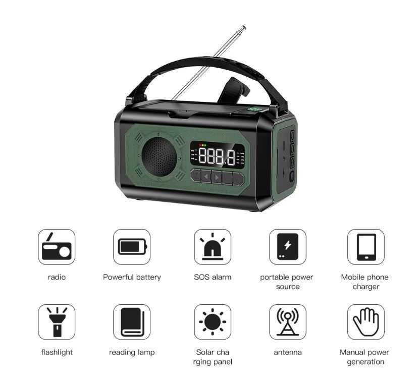 Przenośne surviwalowe radio AM/FM/NOAA , lampa , powerbank 12000mAh