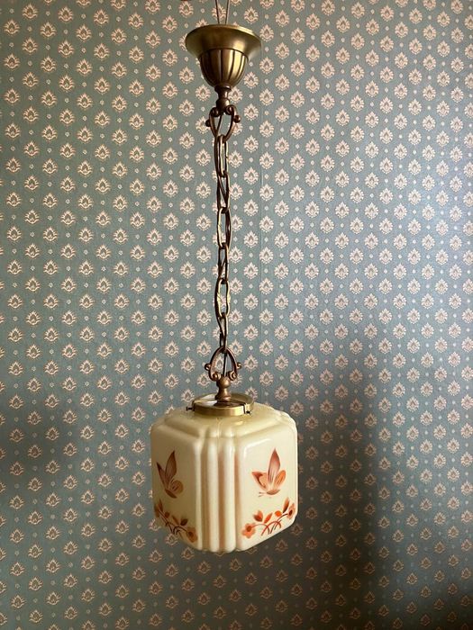 Zabytkowa lampa wisząca art deco zwis mosiężna kremowa antyk żyrandol