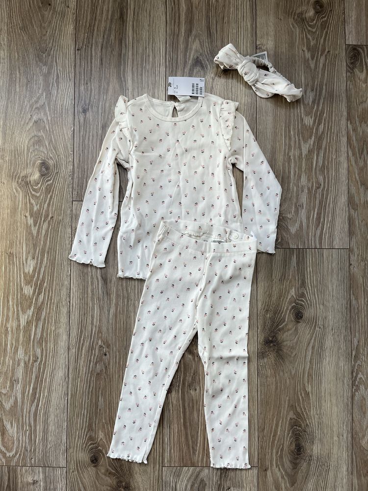 Bawełniany komplet w prążki 3 częściowy top legginsy opaska 92 H&M