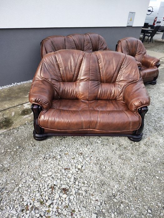 Komplet wypoczynkowy 3-2-1dębowy skóra naturalna