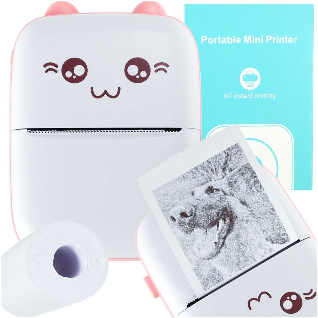 Drukotek drukarka mini termiczna do zdjęć etykiet kot różowy