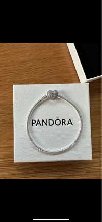 Nowa srebrna bransoletka Pandora zapięcie serce cyrkonie