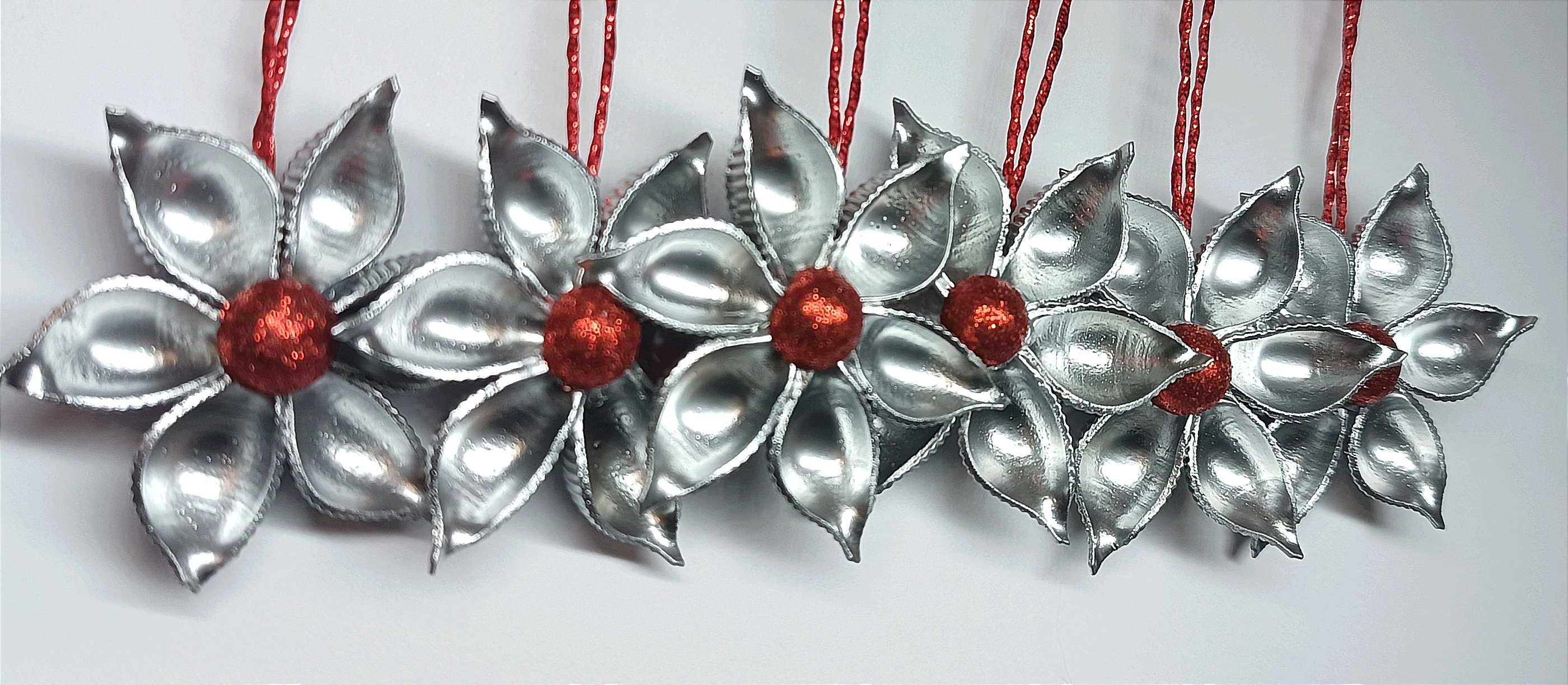 Bombki choinkowe z makaronu 6 szt srebrne zimowe kwiaty 6 cm handmade