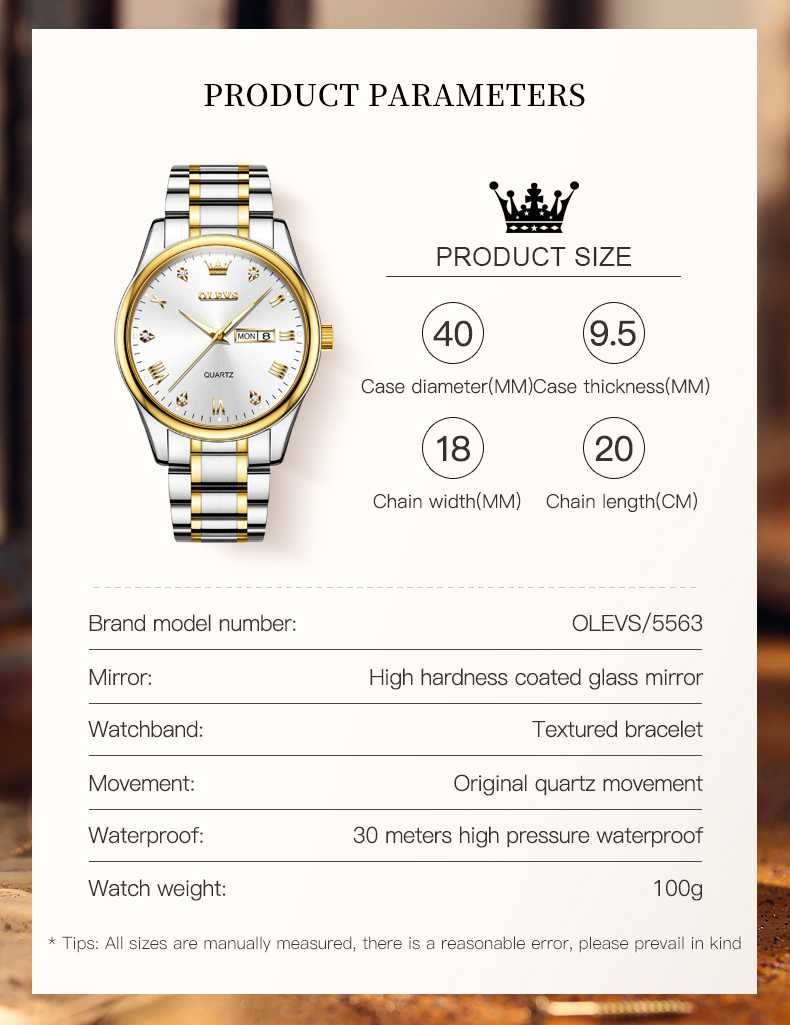 Zegarek kwarcowy Olevs 40mm srebrny złoty unisex datownik WR30 BOX