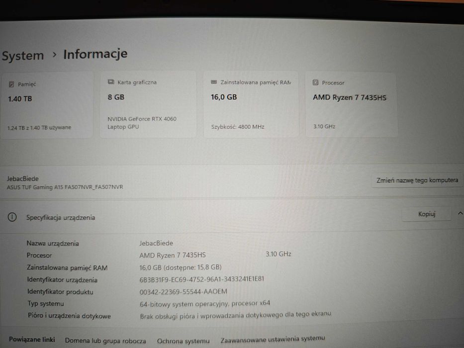 Laptop ASUS Tuf A15 16gb Ram RTX 4060 SSD 1.4 TB Jak Nowy