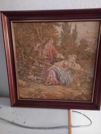 Dois quadros antigos em tapeçaria + jarra p/candeeiro