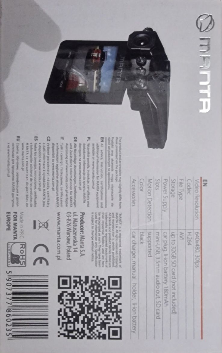 Wideorejestrator samochodowy MANTA  MM308S + karta SD 8GB