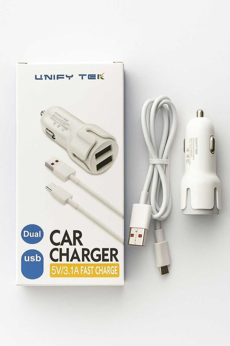 Ładowarka Samochodowa Dual USB + Kabel Type-C 100cm Szybkie Ładowanie