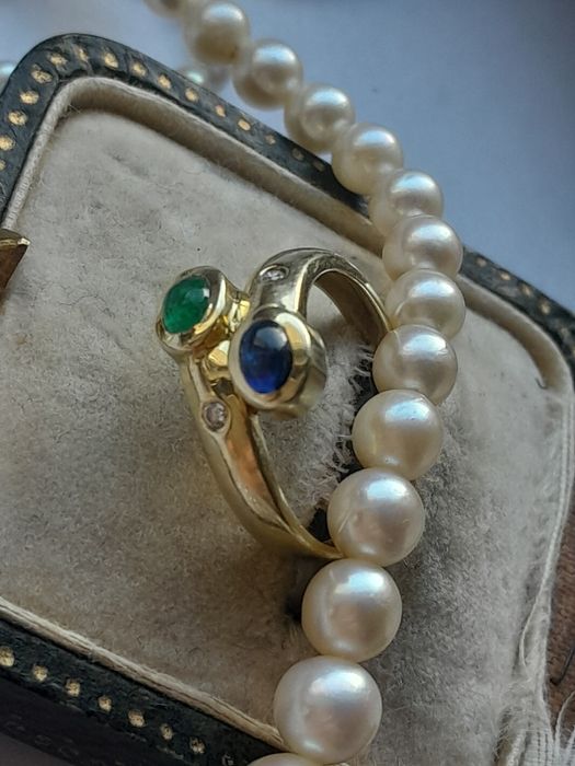 R.10 Pierścionek Szafir Szmaragd Diamenty Złoto 585