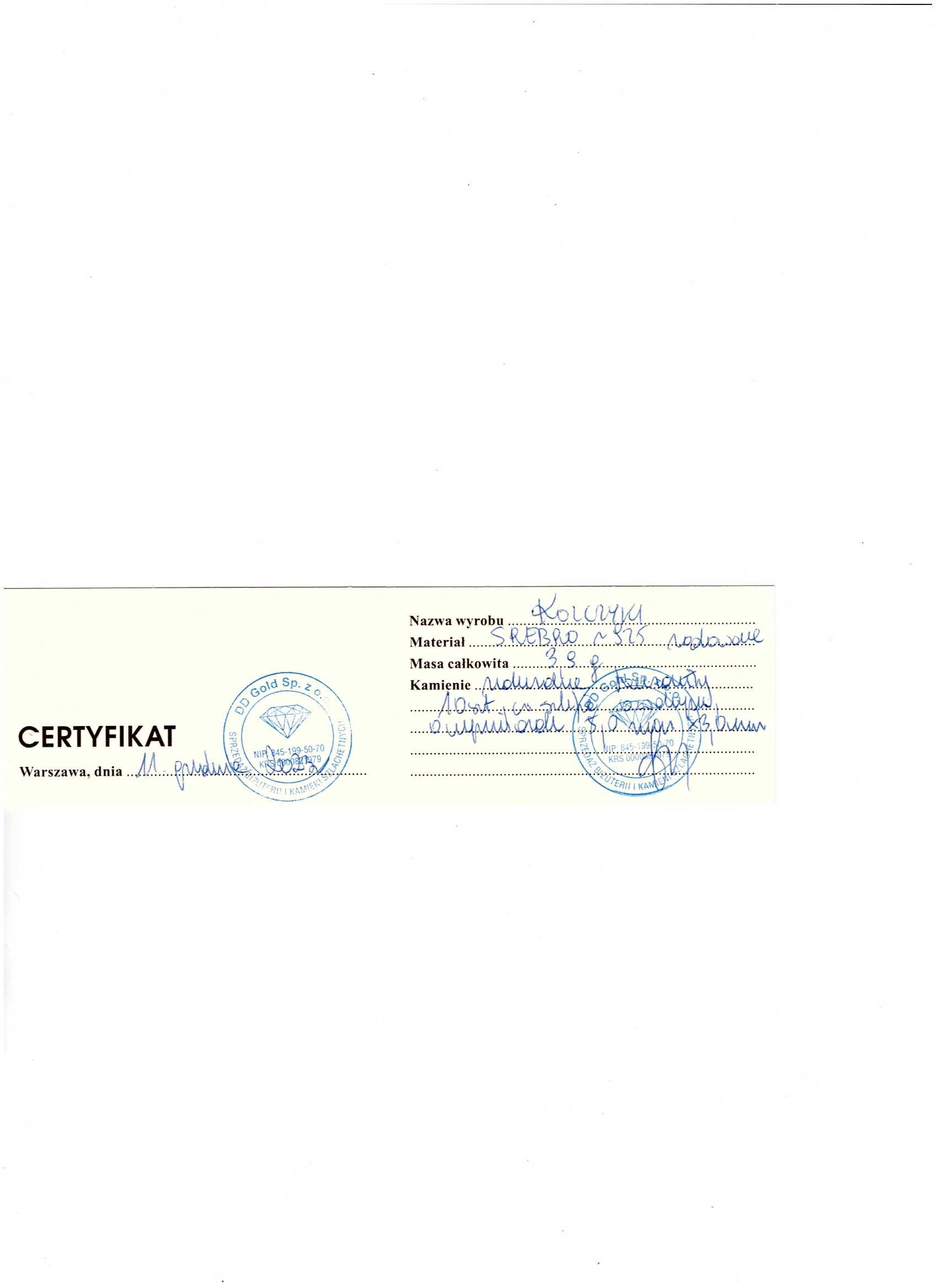 kolczyki srebro 925 tanzanity 3,9 g certyfikat