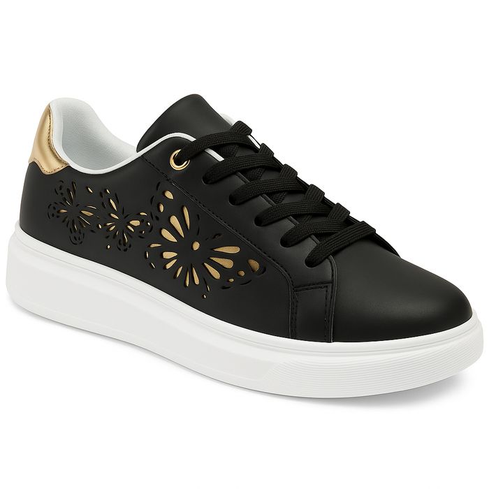 Czarne sneakersy damskie na jesień ażurkowy motylek złote dodatki r.38