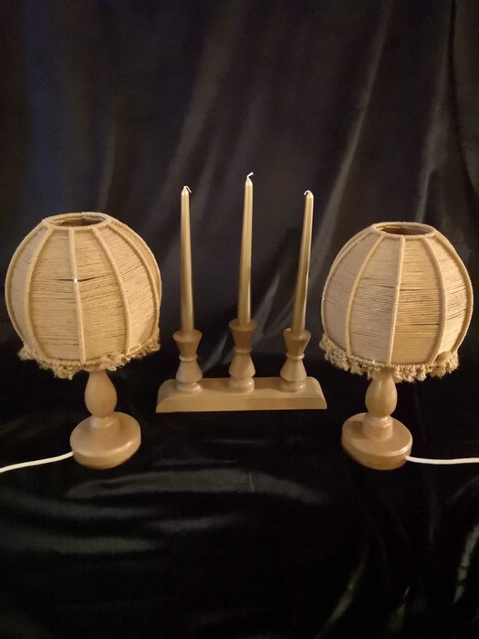 Stare drewniane lampki nocne ze świecznikiem (cena za komplet)