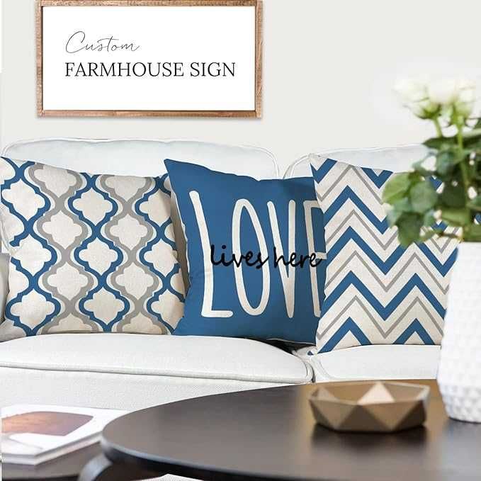 Poszewki na poduszki 50x50 cm, 4 sztuki, Lniane, Niebieskie