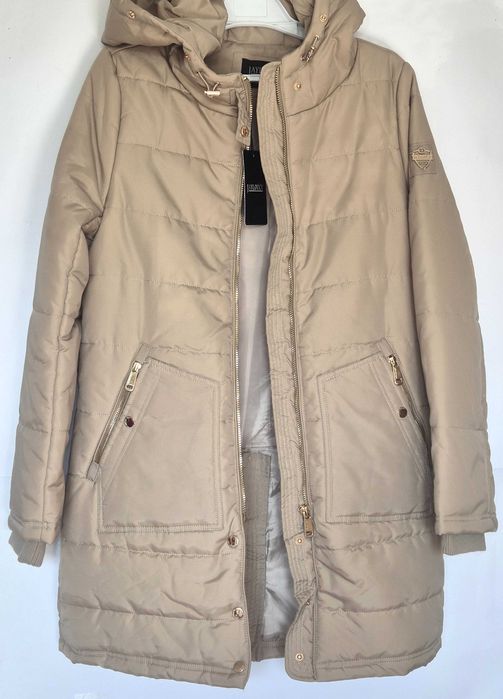 JAYLOUCY płaszcz,parka, kaptur z natural, jenotem złote zamki M