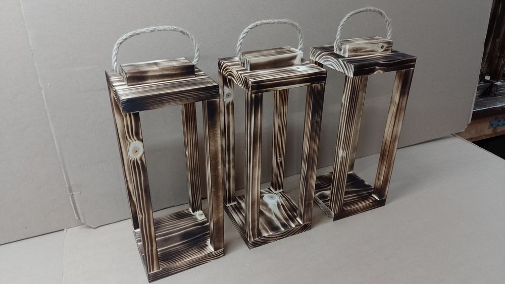 Lampion 3szt lampiony z drewna KOMPLET 36cm lampa loft latarnia