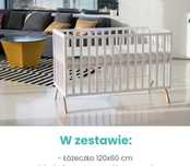 Łóżeczko dla dziecka drewniane Babysense 120x60 + dostawka na kołkach