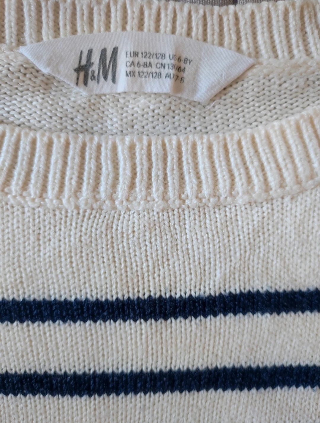 Sweterek kremowy paski granatowe elegancki modny H&M r.122/128 6-8lat