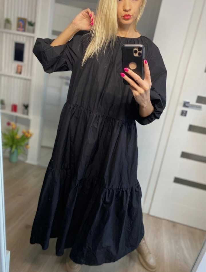 H&M dluga czarna luzna obszerna oversize sukienka bawelniana boho L/XL