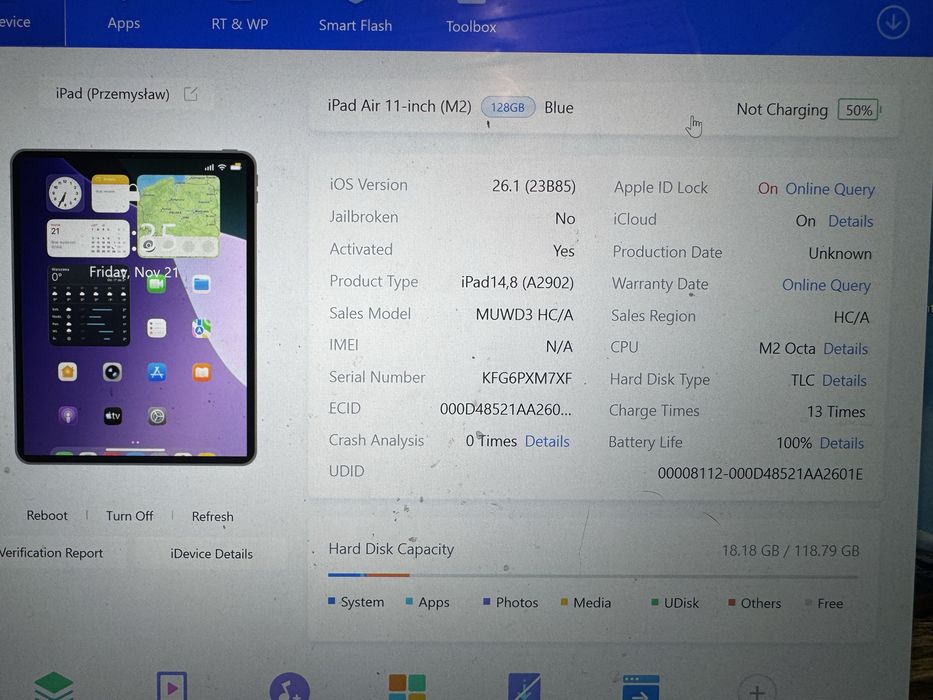 iPad Air M2 Bateria 100% - 13 cykli gwarancja 12/25 Stan Bardzo Dobry
