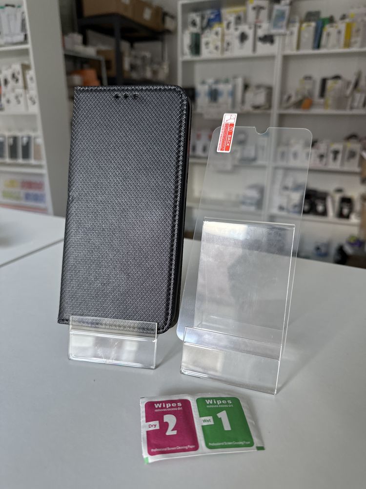 Szkło hartowane i etui czarne zamykane do XIAOMI REDMI 8