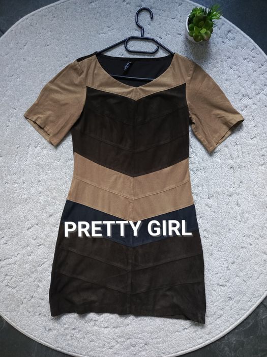 Stylowa sukienka Pretty Girl – brązy i beże, S elegant zamsz