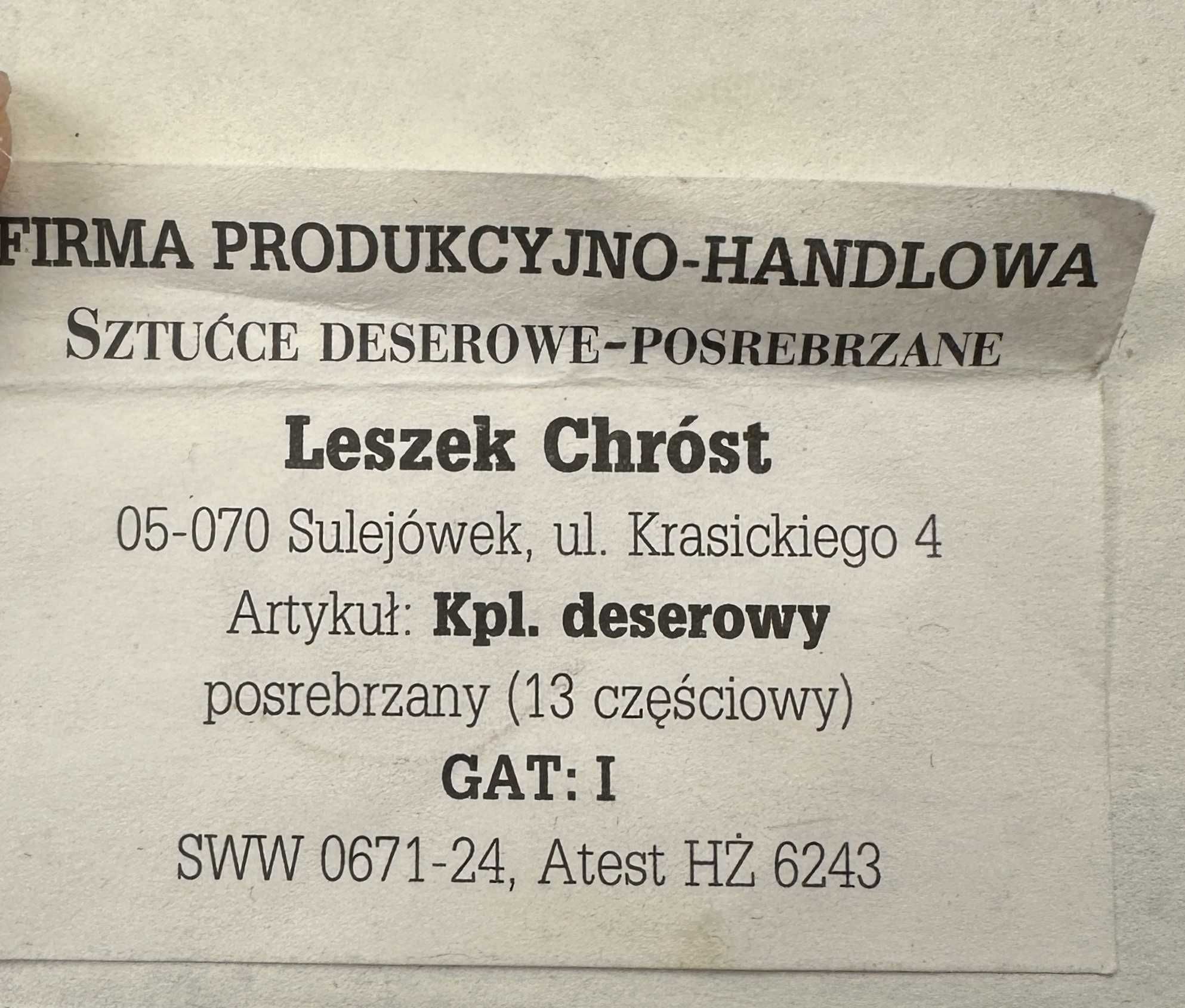 Sztućce deserowe 12 sztuk + 1 łyżka do cukru posrebrzane pudełko