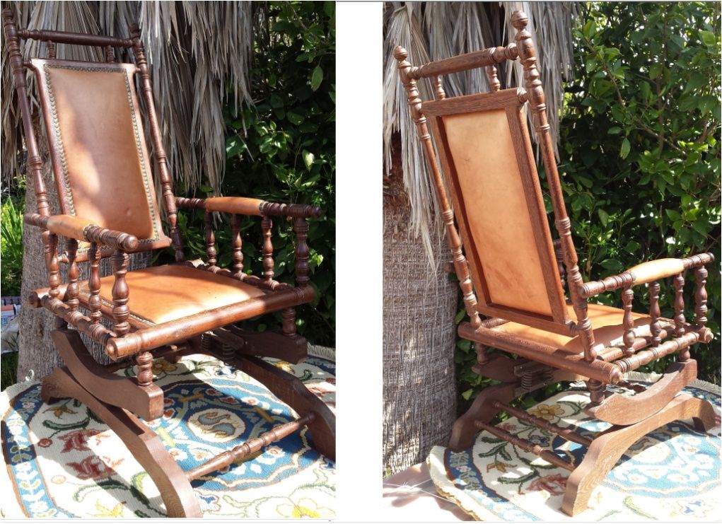 Cadeira de baloiço em pele e madeira de jambire