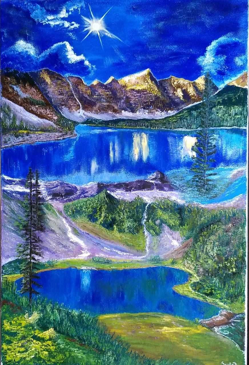Картина маслом Небо Горы Озеро Природа Вода Интерьер Живопись