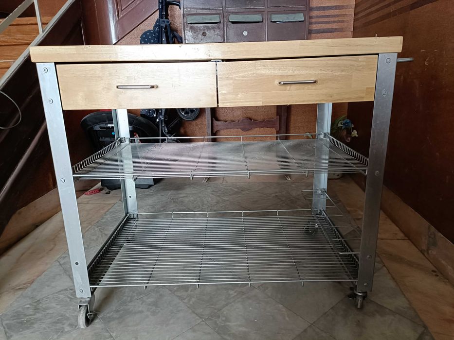 Trolley de cozinha com rodas, estrutura de alumínio e bambú