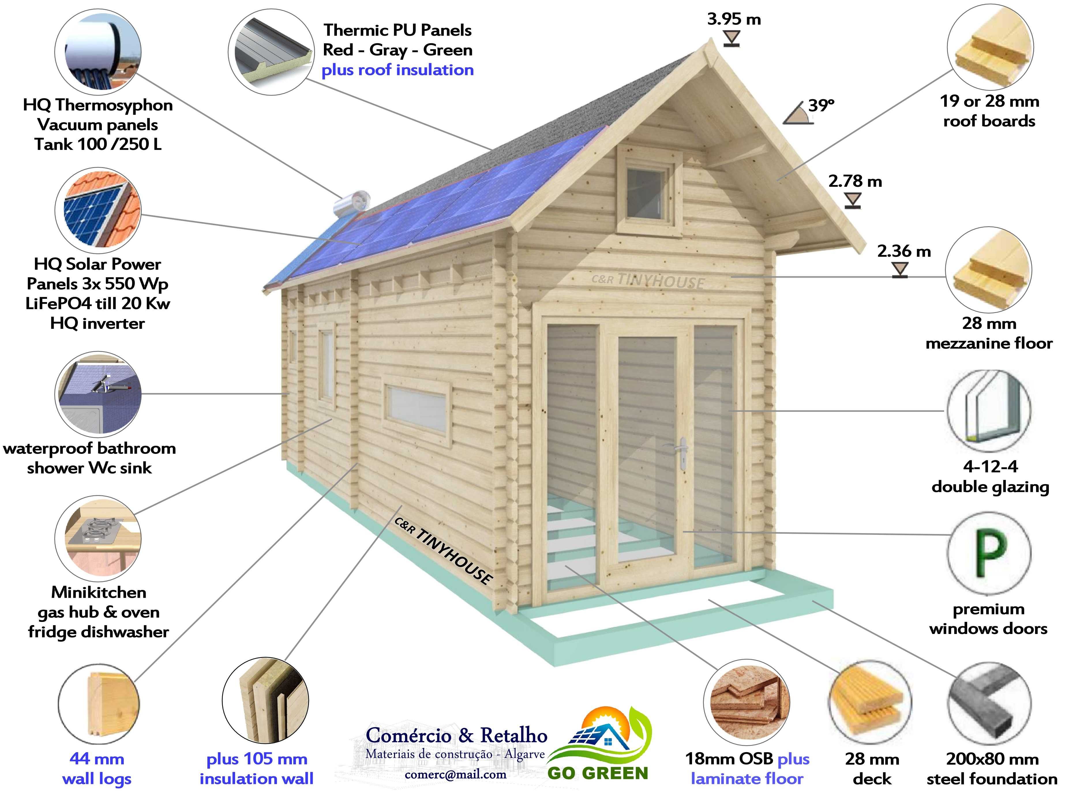 TINY HOUSE C&R Modelo 1 T1 30m² Mezanino PV Solar KIT  Casa de madeira