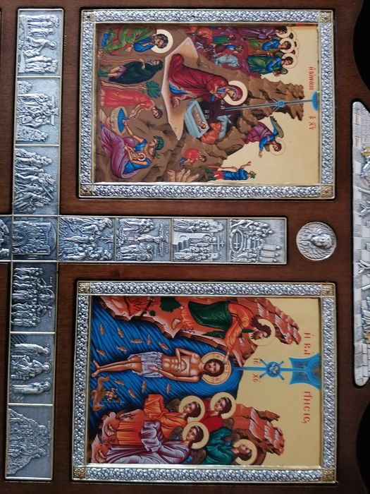 Quadro em madeira com pinturas e relevo em prata 925