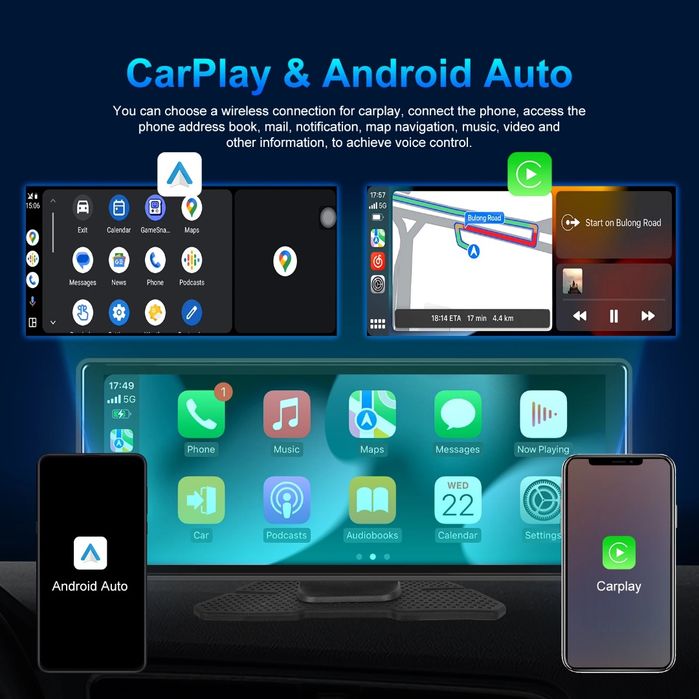 Rádio Portátil Carplay Android Auto 8-core 2 Câmaras Wi-Fi 4/64GB GPS