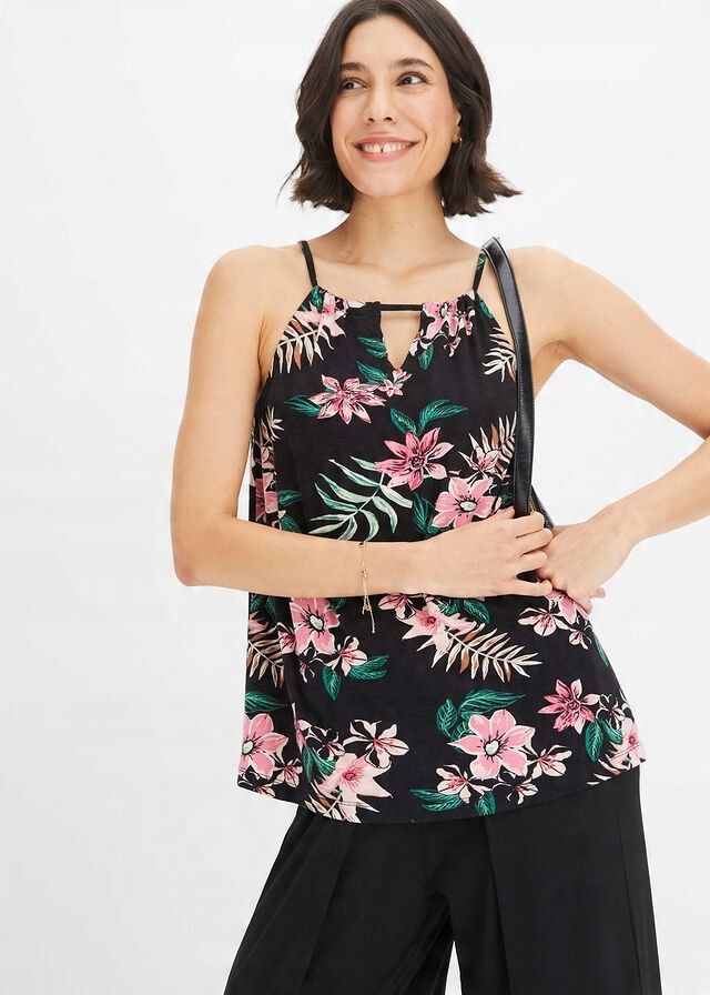 B.P.C top shirtowy na ramiączka czarny w kwiaty ^44/46
