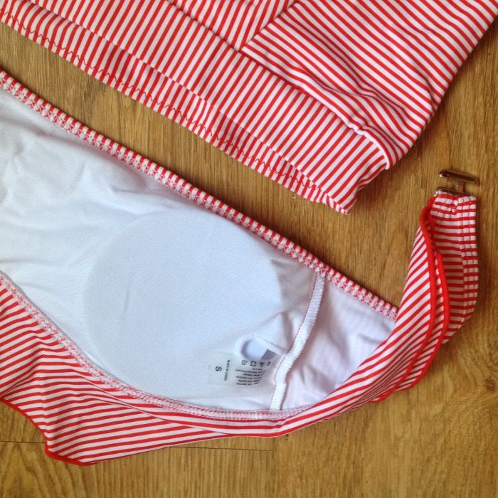 Купальник бандо с рюшами высокая талией красный плавки полоска воланы