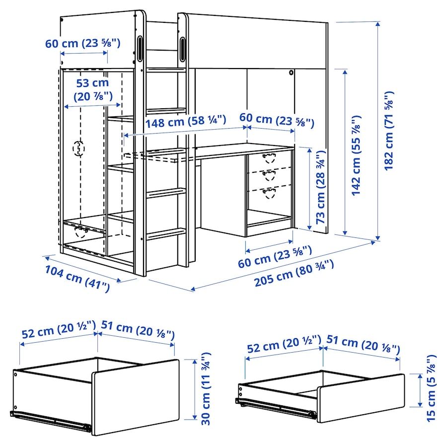 Łóżko piętrowe Ikea SMASTAD 90 x 207 cm z biurkiem i szafą.
