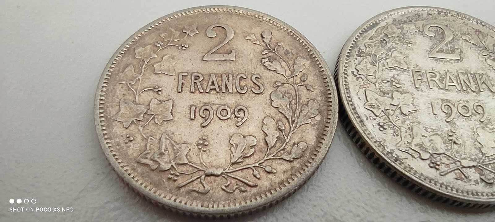 Monety srebrne zestaw 2 franki Belgia 1909 des i der ładne Ag srebro