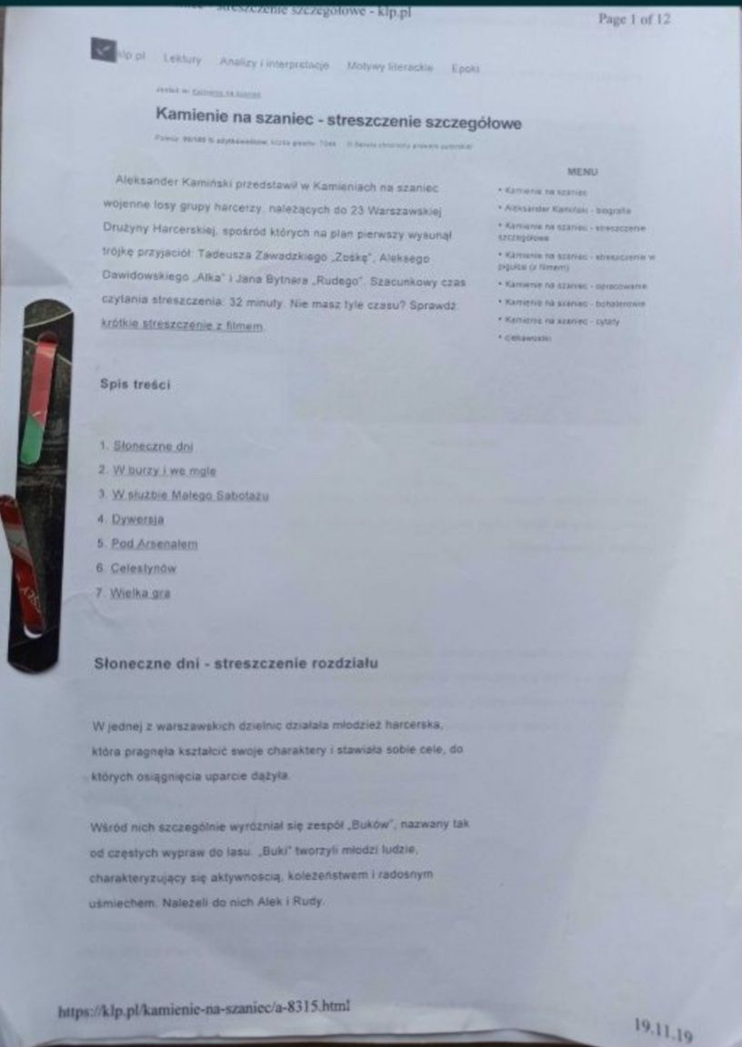 streszczenie szczegółowe lektury pt:"Kamienie na szaniec"