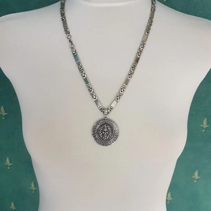 Posrebrzany komplet męski łancuszek I zawieszka grecka stal chirurgicz