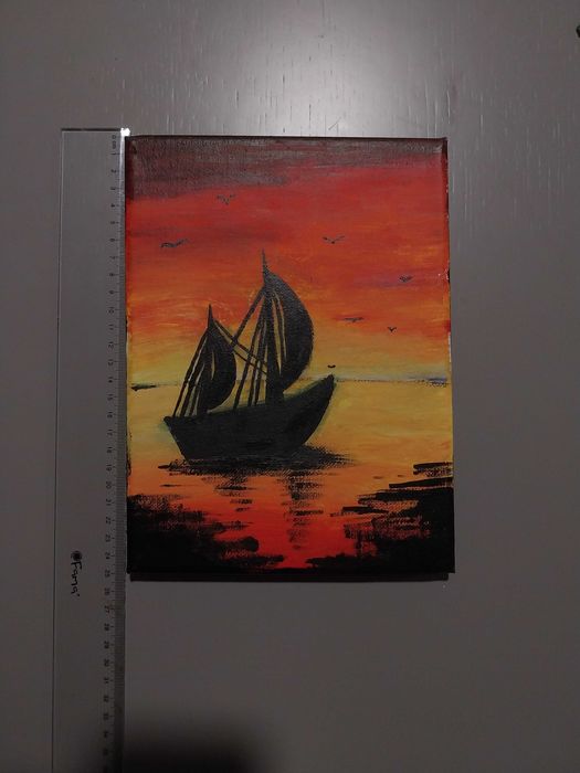 Quadro Barco à vela sunset pintado à mão. Larg. 18 cm Comp. 25 cm