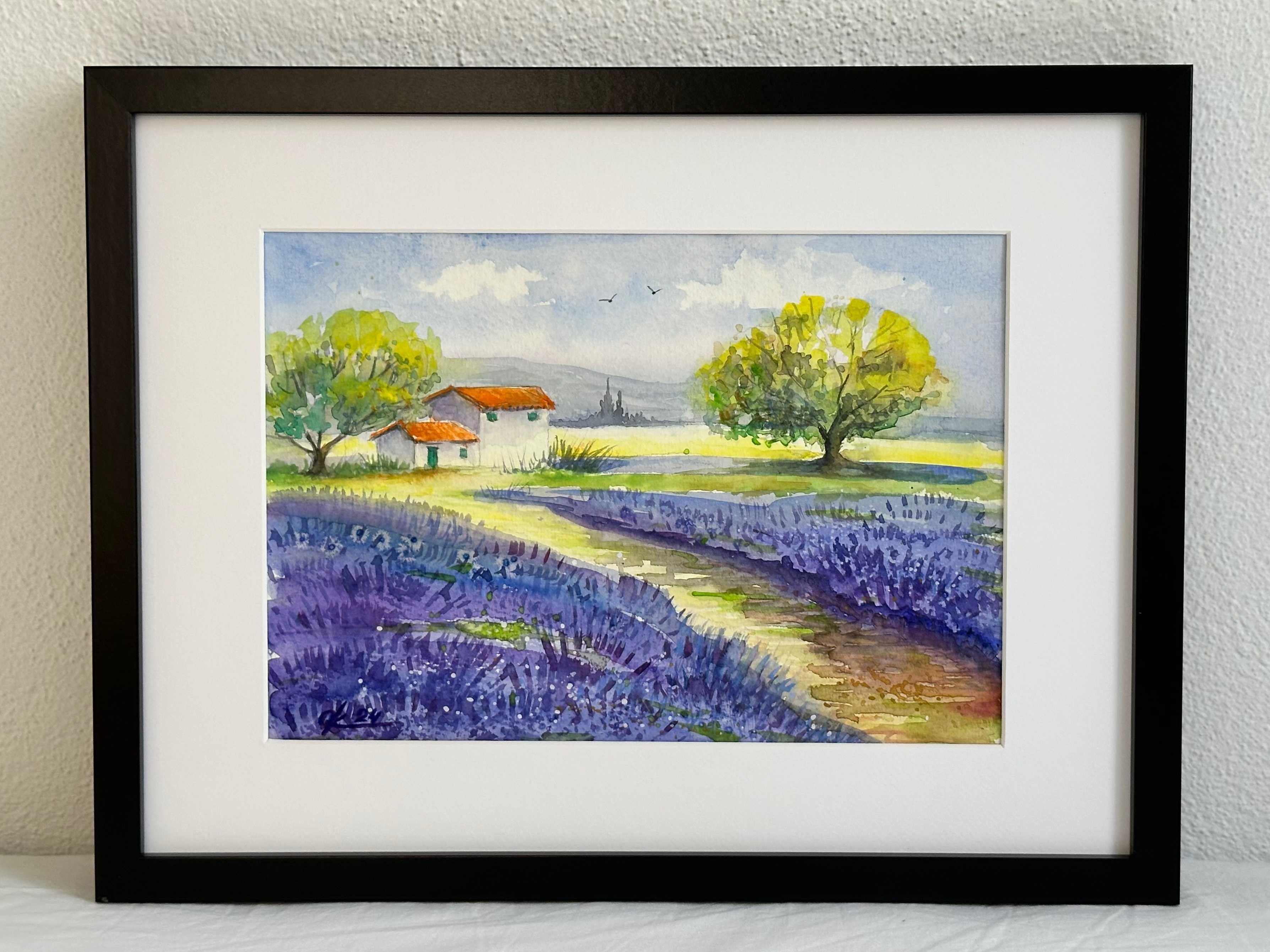 Dia de campo de lavanda - pintura a aguarela sobre papel, emoldurada