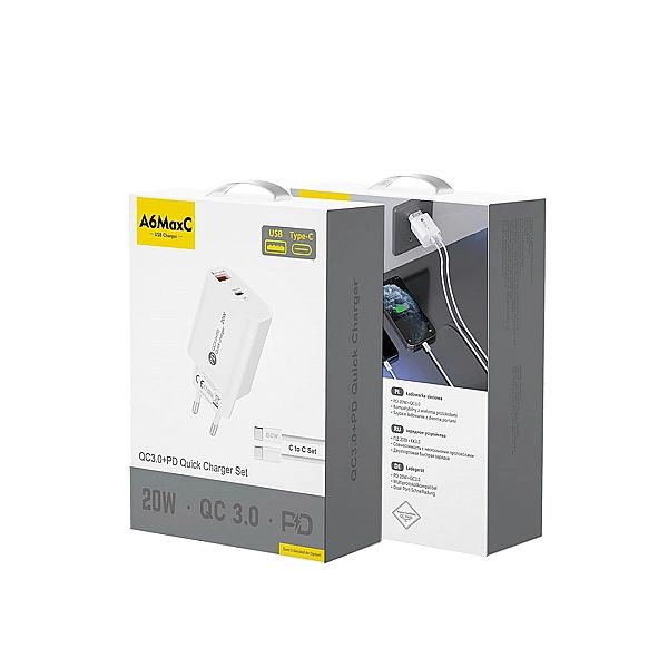 Ładowarka sieciowa A6MaxL 20W USB-A USB-C z kablem USB-C - USB-C 1m -
