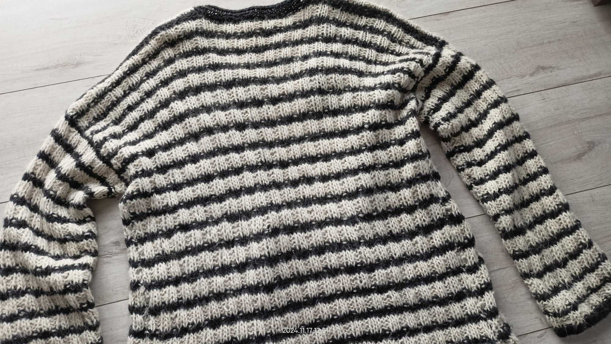 Sweter kardigan norweski wełna długi kieszenie handmade XL/XXL 1złwys