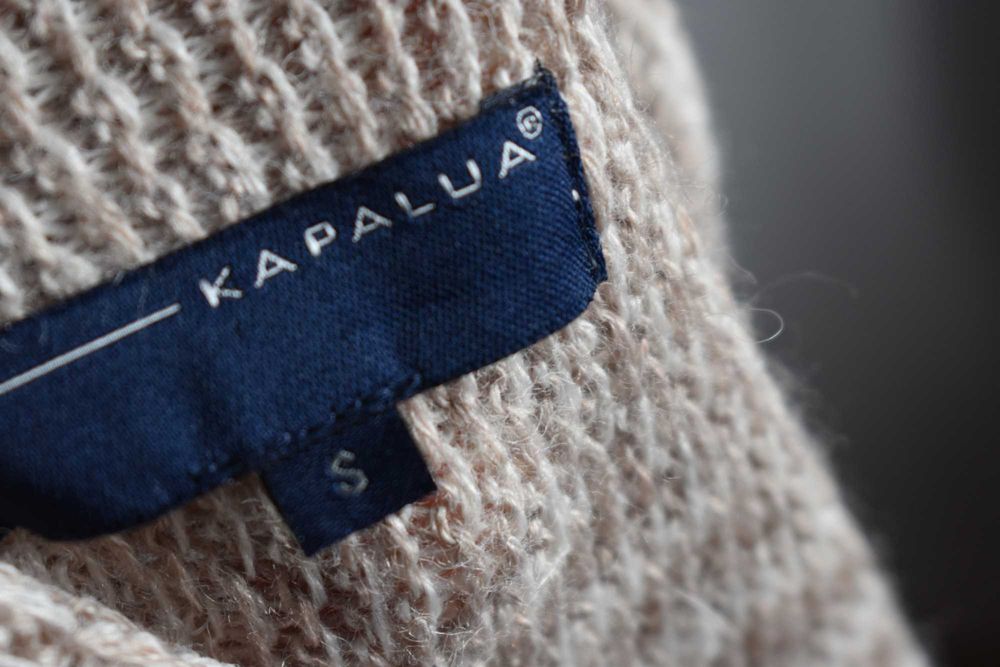 Sweter wełniany kardigan S 36 frędzle niezapinana narzutka Kapalua