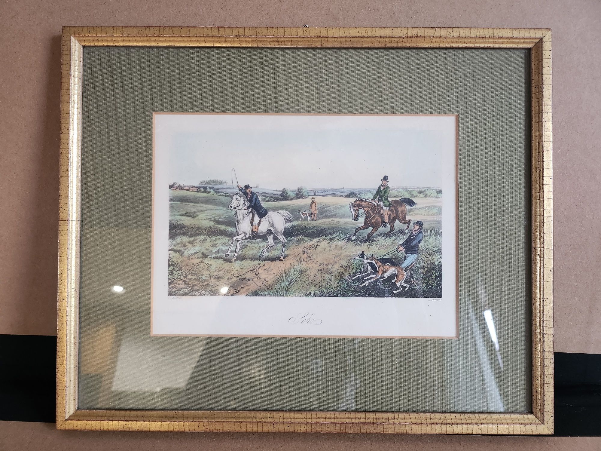 Rysunek obrazek harris ramka rama pozłacana konie polowanie psy harty