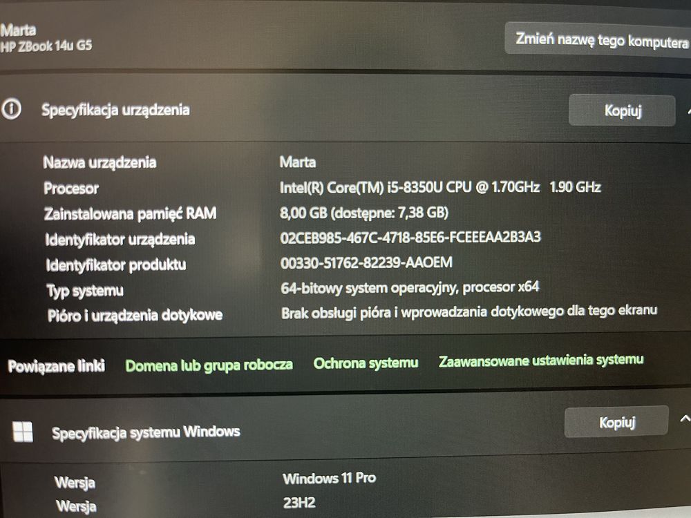 HP Zbook 14u g5, win11pro, i5, 8gb